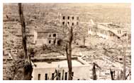 Damaged buildings, trees, and burnt ground