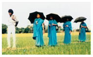 Four BRAC workers with chaperone walk in field