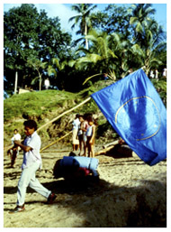 PAHO team walks down hill displaying PAHO flag