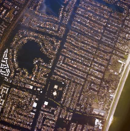 Aerial view of flooded New Orleans streets