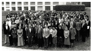 Jonathan Mann and members of the Global Programme on AIDS pose in the WHO headquarters garden