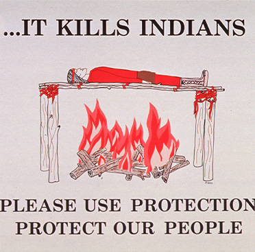 A poster with text and a color drawing of a Native American man in red clothing laying on a wooden platform above a fire