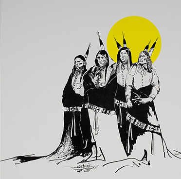 A poster with text and a Black and white drawing of four American Indian men wearing robes looking at the viewer, with a yellow sun behind them