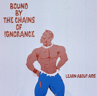 Drawing of shirtless African American man in blue tattered pants and chains looking off to the left