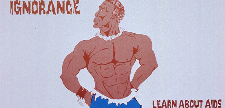 Drawing of shirtless African American man in blue tattered pants and chains looking off to the left