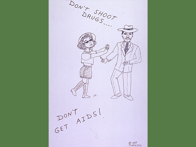 Black and white drawing of an African American man in a suit offering a needle to an African American woman who has her arms