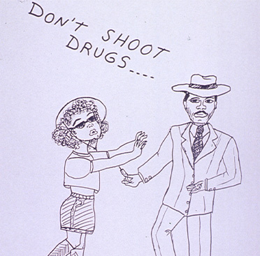 Black and white drawing of an African American man in a suit offering a needle to an African American woman who has her arms