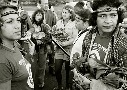 Black and white photograph of  Hawaiian protesters at Kanaloa Kaho‘olawe