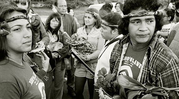 Black and white photograph of  Hawaiian protesters at Kanaloa Kaho‘olawe.