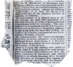 Black and white photograph of a newspaper article. The appearance of a colored man in the room wearing the gold leaf epaulettes of a Major, was also the occasion of much applause and gratulation with the assembly. The individual thus distinguished was Dr. A. T. Augusta, who received an assistant Surgeon's commission last week from the Secretary of War. He is a native of Virginia, and graduated at Trinity College, Toronoto, Canada.