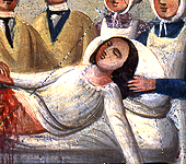 Esta es una pequeña parte de la imagen donde muestra una mujer se sometieron a una cirugía, 1914, óleo sobre hojalata. De el Chiesa dell'ospedale Santa Marta (iglesia del hospital de Santa Martha), Catania, Sicilia. Cortesía Giuseppe Maimone Editore, Catania y Mario Alberghina.