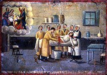 Nunzia Leonardi in fase di chirurgia, 1914, olio su latta. Da la Chiesa dell'ospedale Santa Marta, Catania, Sicilia. Cortesia Giuseppe Maimone Editore, Catania e Mario Alberghina.