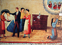 Vincenzo Grimaldi ha la tubercolosi. Il suo medico e diversi parenti di sesso femminile tendono a lui nella sua casa mentre un membro della famiglia prega il Martyred Santi Alfio, Cirino, Filadelfo e per il suo rapido recupero, 1927, olio su latta. Dal Santuario dei Ss. Martiri Alfio, Cirino e Filadelfo, Trecastagni, Sicilia. Cortesia Giuseppe Maimone Editore, Catania e Mario Alberghina.