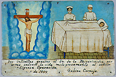 "Doy infinitas gracias al Sr. de la Micercordia por haberme salvado la vida milagrosamente al sufrir peligrosa operacion. 1954. Gabina Cornejo", óleo sobre hojalata, 1954. Cortesía The University Art Gallery, New Mexico State University.