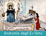 Una divinità con un aureola sopra la loro testa galleggia sopra la scena di un bambino colpito giace in un letto con la madre inginocchiata in praryer. Anatomia degli Ex-Voto è scritto in caratteri bianchi su sfondo acquamarina.