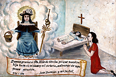 "Damos gracias al Sto. Niño de Atocha, porque nuestra hija haya caminado y mi señora, salvarse de una grave operación, Dic 1977, José Damián y Maria Isabel." Niño con las piernas vendadas, 1977, óleo sobre hojalata, 8 x 11-3/4, México. Cortesía de Historia Antiques.