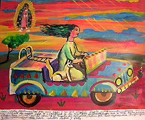 Mi vida sentimental era un caos y yo me sentía triste y deprimida entonces mi tío me regalo su viejo jeep y agradezco a la Virgen de Guadalupe que lo haya hecho porque ahora con el sol en la cara y el viento en mi pelo, hacen que mis depresiones desaparezcan y la velocidad me hace sentir libre y feliz. Pintura de aceite en hojalata, 2007. Cortesía Margaret A. Hutto.