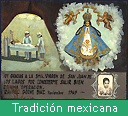 Dos cirujanos son mostrados son sus gabanes y mascarillas quirúrgicas, mientras que el niño se encuentra en la sala de operaciones en una cama conectado a equipos médicos modernos. La gran imagen de la Virgen indica su importancia a la milagrosa recuperación de este niño. Las tradiciones mexicanas está escrito en letras blancas sobre un fondo verde.