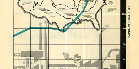 A page from a book with a graph and illustrations of an industrial landscape and the map of the United States.