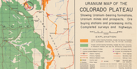 A green and orange map of the Colorado Plateau, United States.