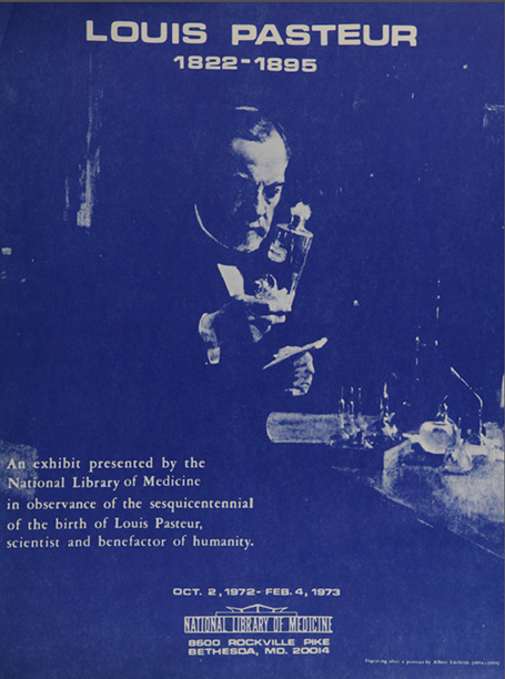 Blue-and-white graphic of Pastuer in a laboratory on the cover of a booklet