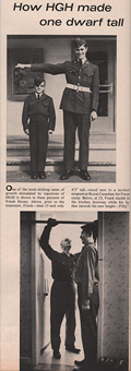 Two photographs: A short teenage boy and a tall young man, both in uniforms, stand side by side. A man measures the height of the teenage boy.
