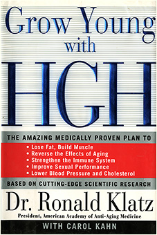 Hardcover book with prominent blue text on cover: “Grow Young with HGH.”