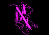 Pink computer generated model of the three dimensional structure of human growth hormone on a black background.