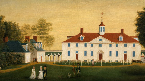 Front view of large white house with a red roof and five people walking in the garden.