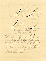 Elaborate sample of cursive handwriting in black ink, addressed to West Meriden Com., Wm. OLand Bourne, Editor of the Soldiers Friend.