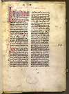 F. title from Manuscript E 3. De analibus (On animals) by Aristotle. A two column hand written manuscript page. The beginning of first paragraph is written in alternating red and blue ink using calligraphy letters. In the center at the bottom of the page is the Army Medical Library, Washington, DC., U.S.A. in red ink.