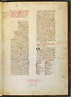 F. 1 recto from Manuscript E 40 by Ibn Sarabiyun. A two column hand written manuscript page in brown, red and blue ink. There are annotations in the margins and in the center of the bottom of the page in a red stamp is Library Surgeon General's Office Dec. 2, 1897 with 160200 hand written in pencil.