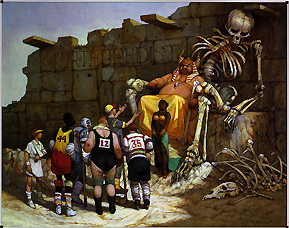 A gargantuan figure, the doctor in this painting sits on his antique throne of bones. Various athletes approach the doctor's throne to ask in reverential fashion for healing of their sports injuries.