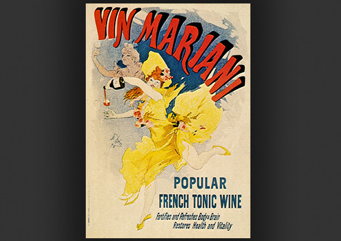 Advertisement with illustration of a woman in a yellow dress dancing while pouring a drink.