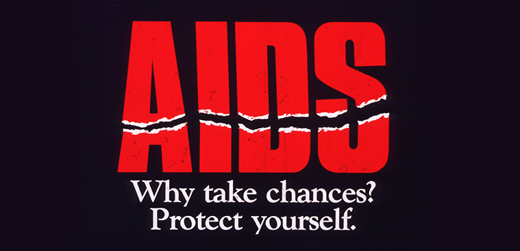 Blue background with white text, except for “AIDS” which is red and has a cut or rip through the bottom quarter of the letters.