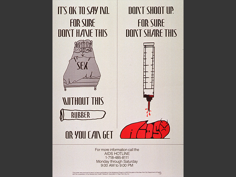 Color drawing of a gray bed with “sex” written on it, above a white “rubber” condom. To the right is a syringe pointing down towards AIDS in red letters.                                         