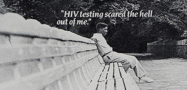 African American man sitting at the end of a long park bench, underneath is a small inset of an African American man on a bicycle smiling.   