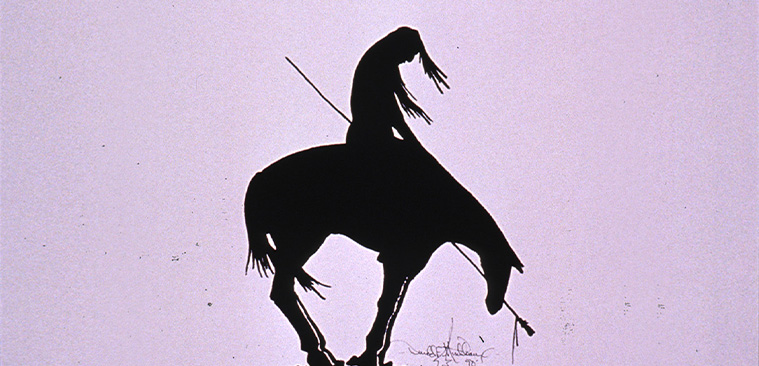 A poster with text and a silhouette of a man on a horse carrying a spear