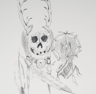 A poster with text and a black and white drawing of a human skull topped with antlers with a few feathers underneath 