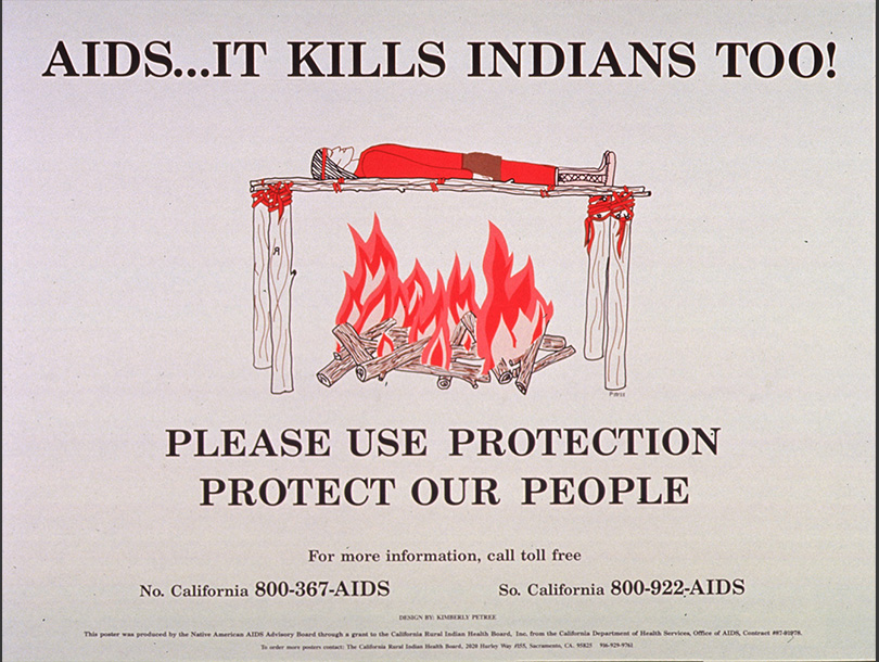 A poster with text and a color drawing of a Native American man in red clothing laying on a wooden platform above a fire