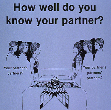 A poster with text and a black and blue drawing of a Native American young man and woman looking at each other across a bed, each has two people outlined behind them