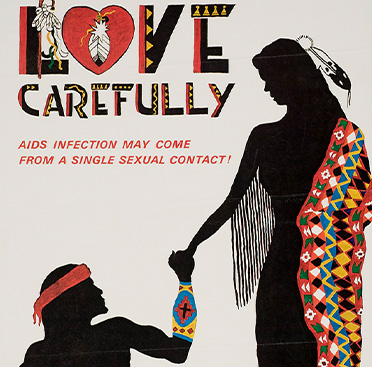 A poster with text and a black outline of a kneeling male figure with a red bandana, holding the hand of a female figure wearing a blanket