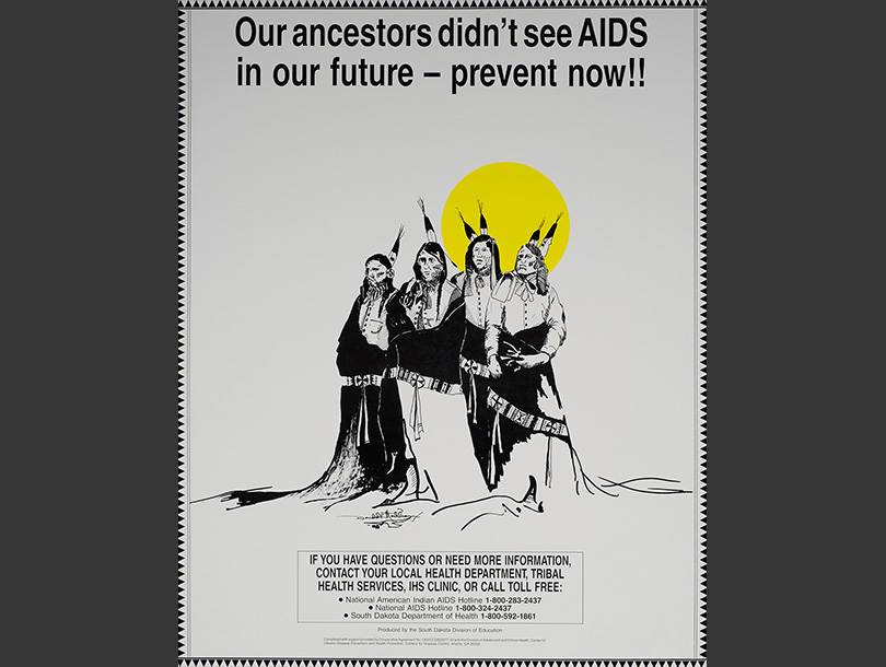 A poster with text and a Black and white drawing of four American Indian men wearing robes looking at the viewer, with a yellow sun behind them