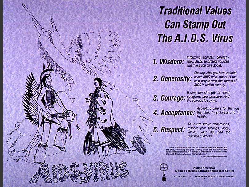 A poster with text and a drawing of a male and female Native American dressed in traditional Plains Indian dress dancing in front of an outline of a third person in a headdress