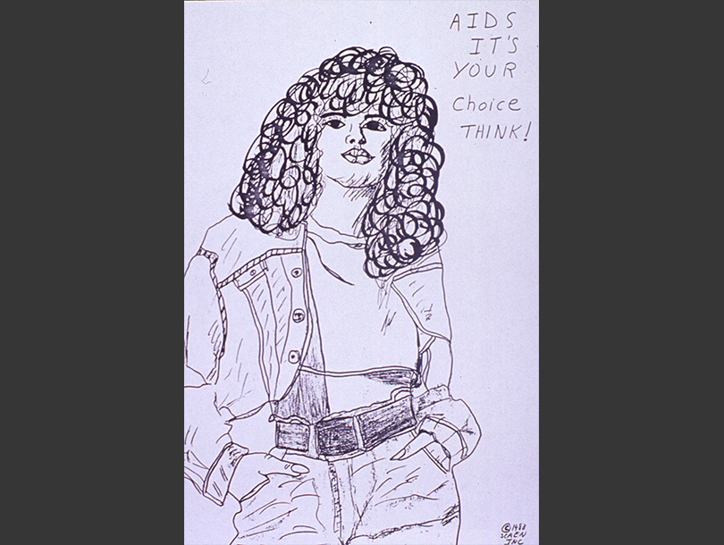 Dibujo en blanco y negro de una mujer afroamericana, con una chaqueta; trae las manos en los bolsillos y mira al frente