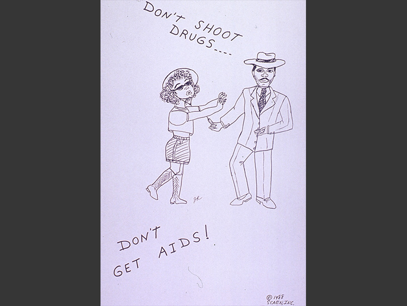 Black and white drawing of an African American man in a suit offering a needle to an African American woman who has her arms