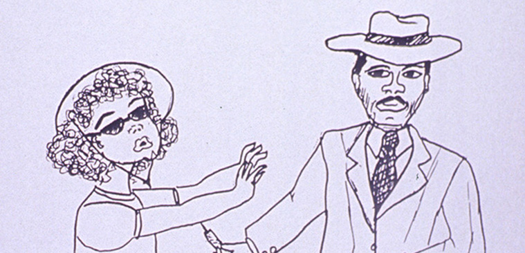 Black and white drawing of an African American man in a suit offering a needle to an African American woman who has her arms