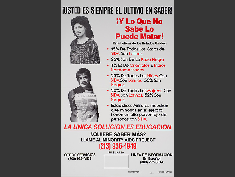 Un cartel con texto, el retrato de una mujer y hombre latinos