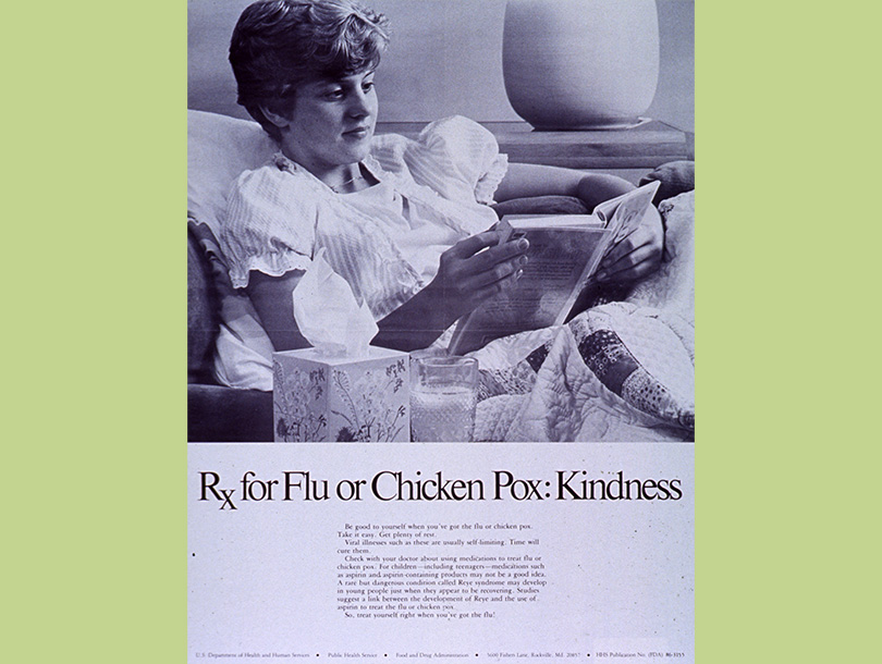 An advertisement showing text below a black and white photo of young white woman reading in bed, with tissues and a glass of liquid next to her