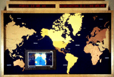 Photo of world map and clock in the Lister Hill Cafeteria